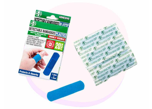 Detectable Adhesive Bandages Plastic Blue Food Prep 20 Pack
