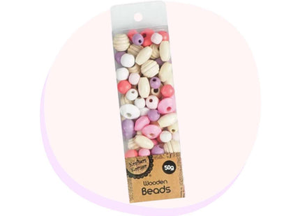 Wooded Beads Pastel Colours 50g Pack