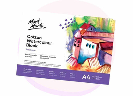 Mont Marte Premium Watercolour Block 100% Cotton A4 300gsm 12 SheetCreative Kids 